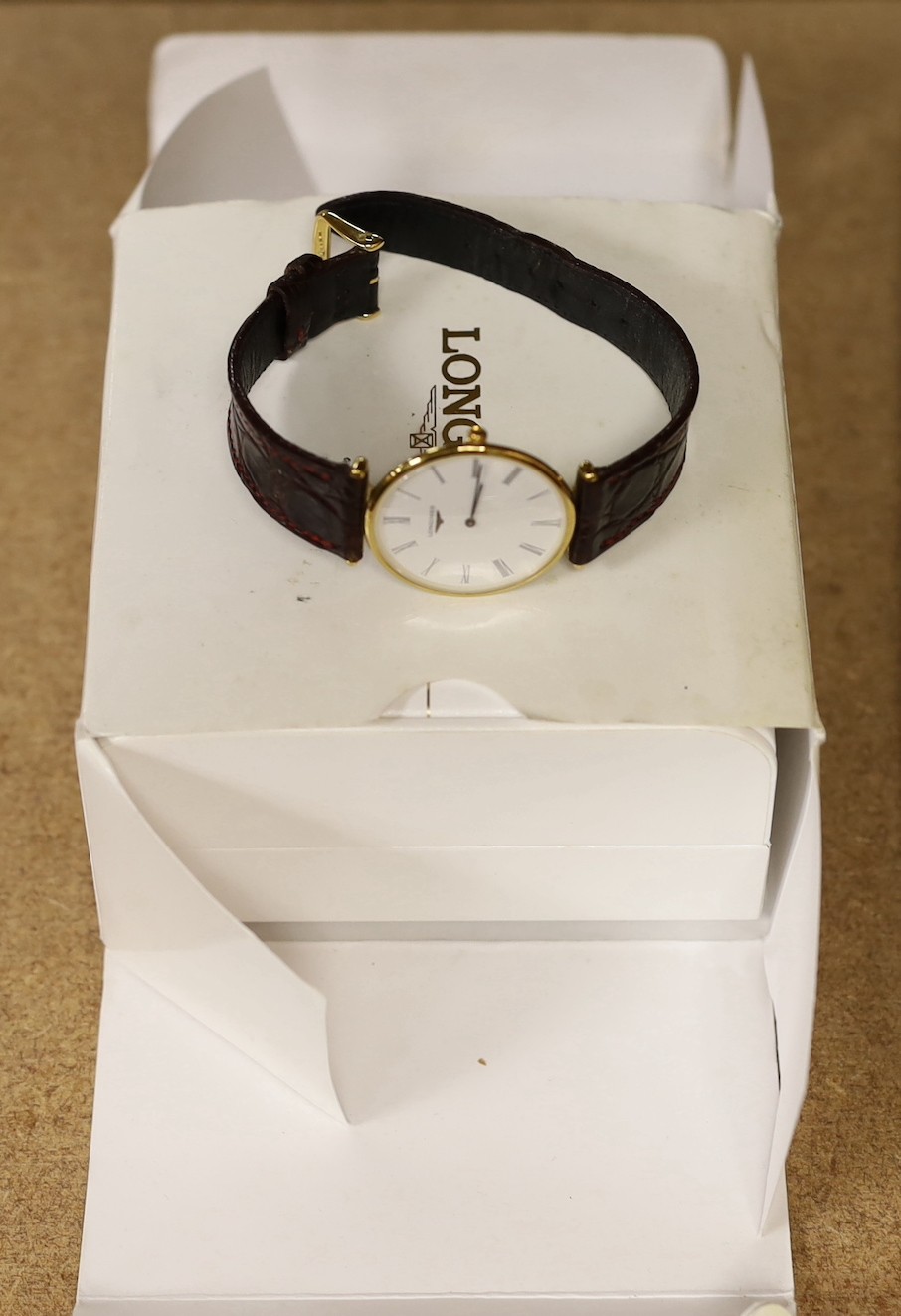 A gentleman's Longines 'Le Grande Classique' gold plated wristwatch, with box and papers